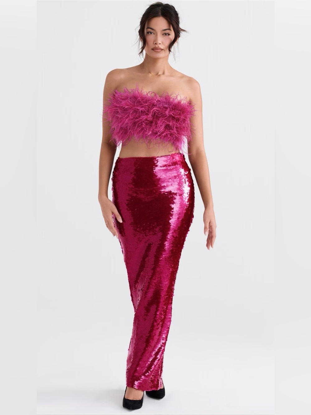 House of CB “Alexis” Hot Pink Sequin Maxi Skirt with Fenella Feather Bandeau Top
